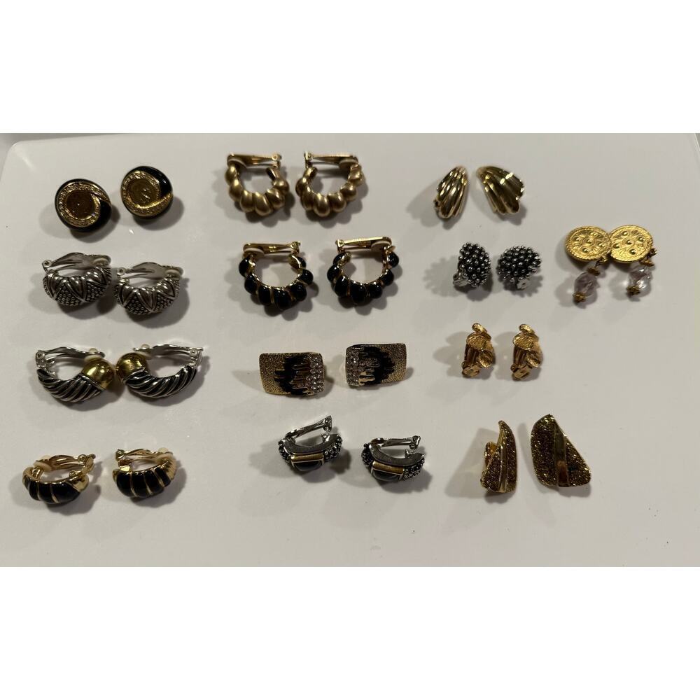 Vintage Silver and Gold-Tone Clip-On Earrings 13 Pairs